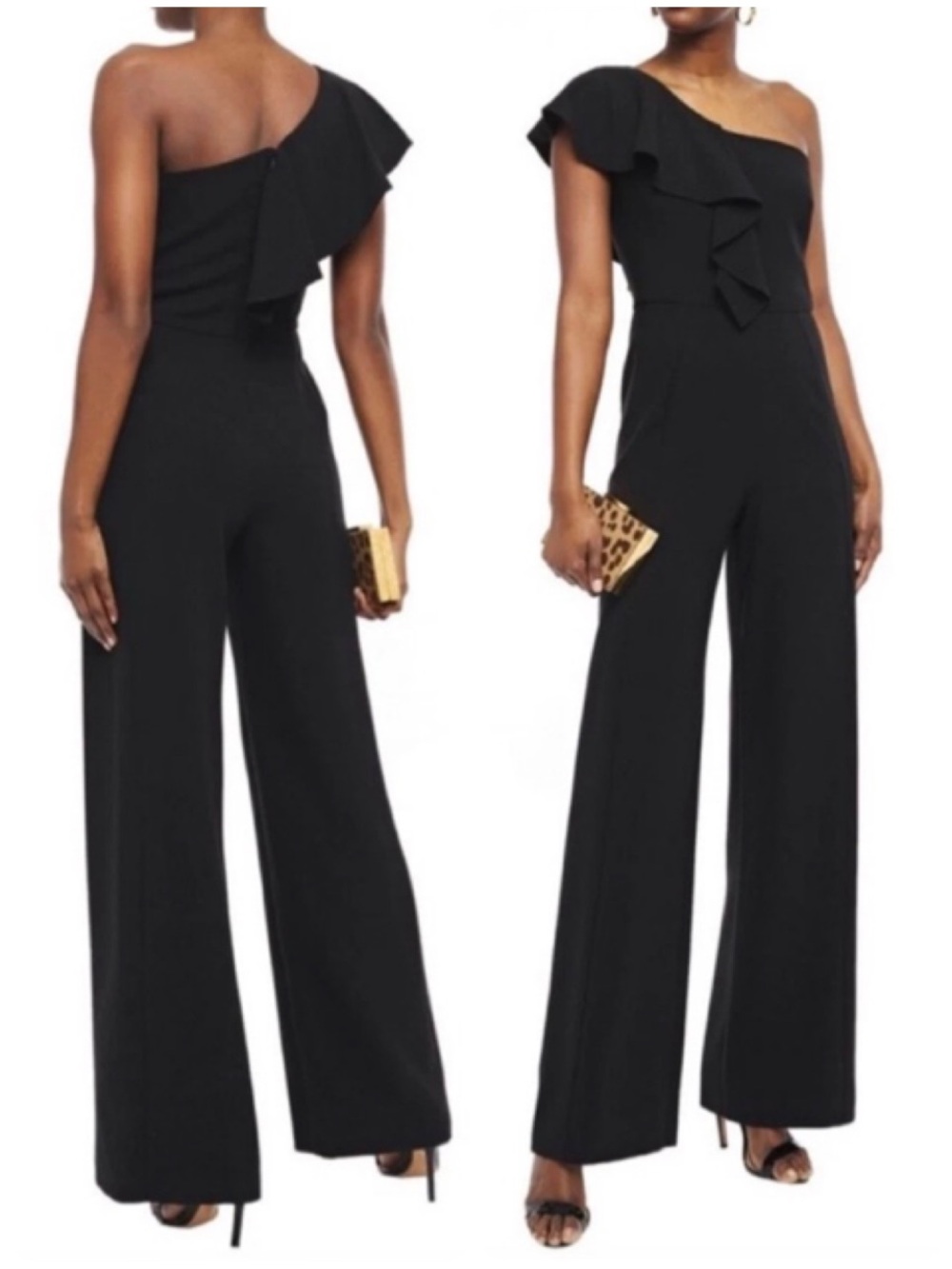 Black Halo One-Shoulder Black Ruffle Wide-Leg Jumpsuit Small S [TE]